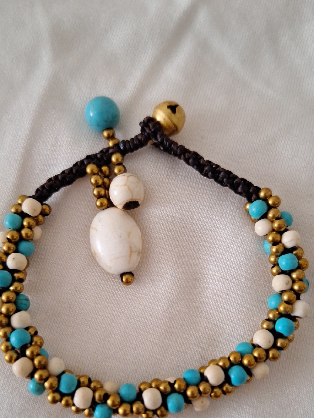 Handwoven Turquoise & White Bead Bracelet with Gold Accents